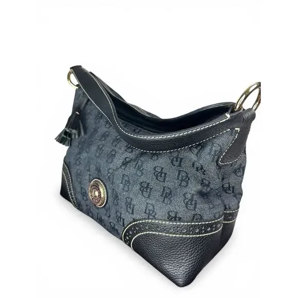 Vintage Dooney & Bourke Signature Monogram Hobo Bag Black Navy Blue / Gray - Picture 2 of 13